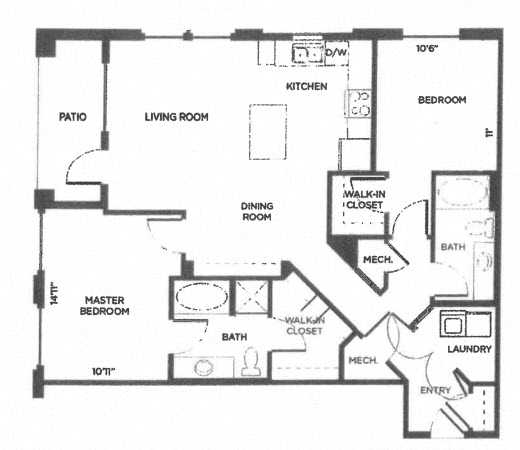 Floor plan for 2 beds, 2 baths, 1241 sqft